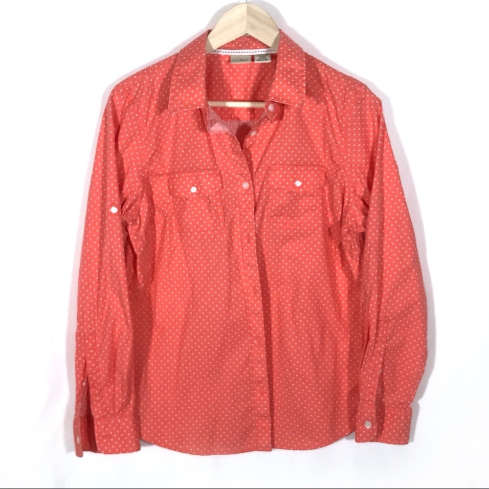 Large L.L. Bean Pink White Polka Dot Button Up